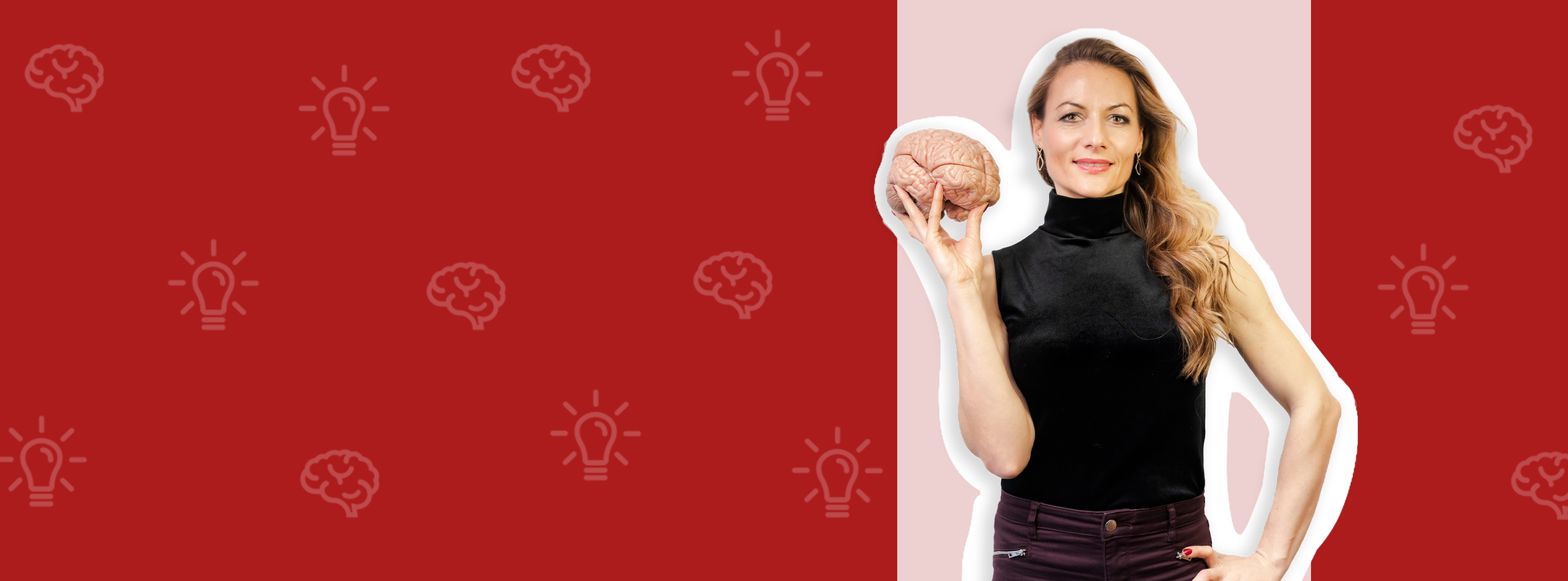 Žena u crnom topu drži umjetni mozak u ruci. Pozadina je crvena s motivima žarulja i mozga, što simbolizira kreativnost i inteligenciju. Poruka slike naglašava važnost razmišljanja i inovacija.