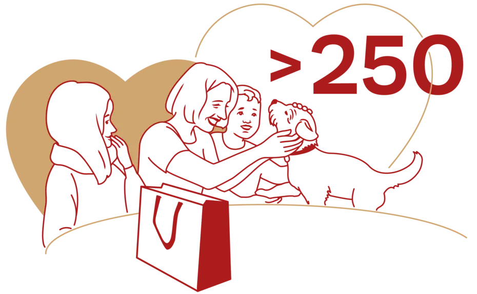 Ilustracija prikazuje tri osobe, od kojih jedna miluje psa dok druga promatra. U pozadini su dva srca, a pored njih je natpis ">" i broj 250 u crvenoj boji.