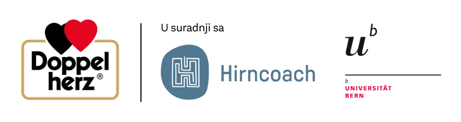 Logotipi tri organizacije: "Doppelherz", "Hirncoach" i "Univerzitet Bern". Logotip "Doppelherz" sadrži crveno i crno srce, dok "Hirncoach" ima stilizirani oblik slova "H". "Univerzitet Bern" je napisan s naglaskom na ime s crvenom bojom.
